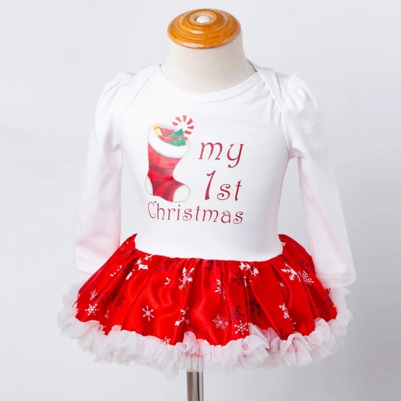 4Pcs First Christmas Baby Romper Tutu Dress Set Newborn Baby Girl Clothes Gown Party Dress+Headband+Shoes+Leg warmer