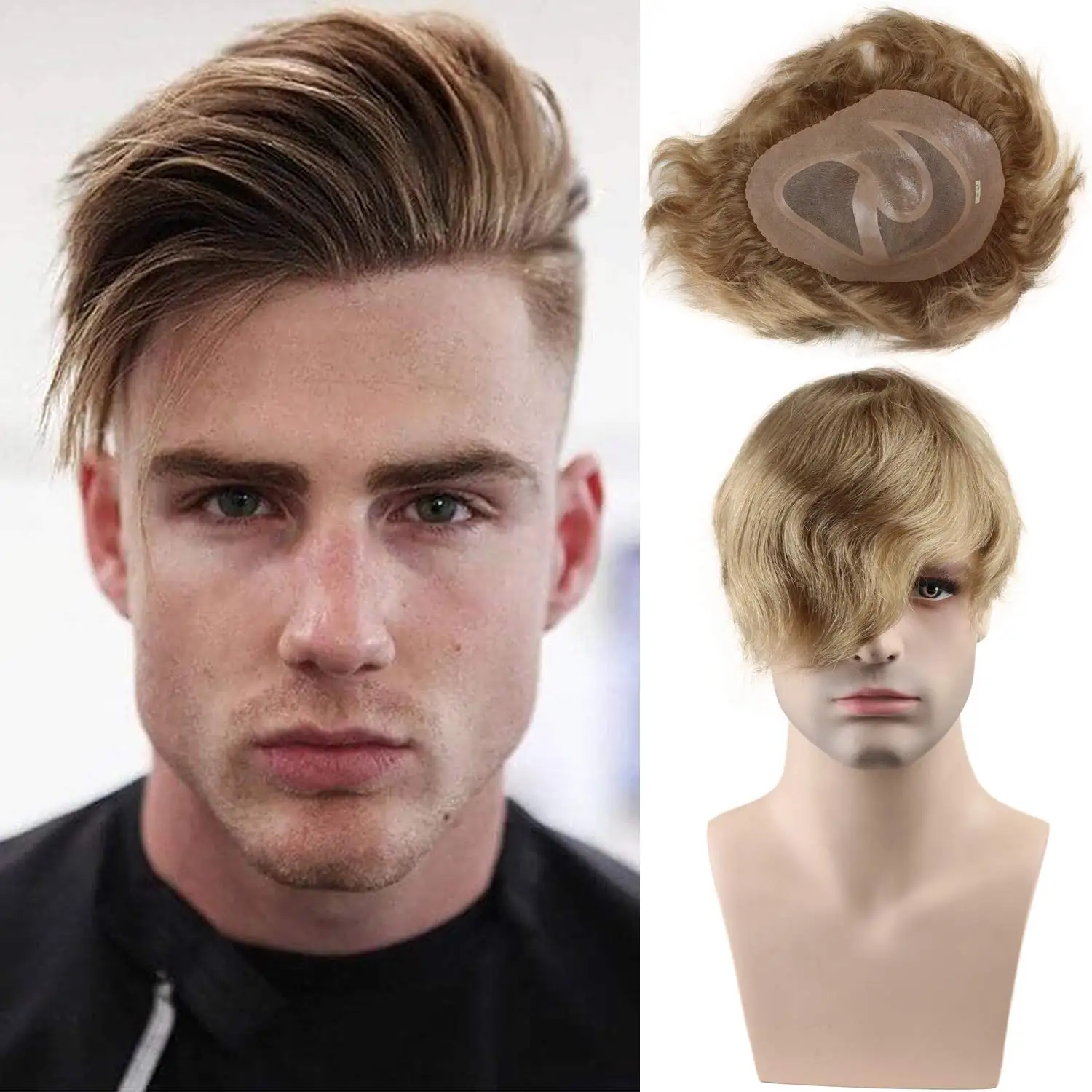 Men's Toupee 10x8 European Human Hair Swiss Mono Lace Thin Skin Hairpiece Hair Replacement System for Men Toupee #21 Ash Blonde