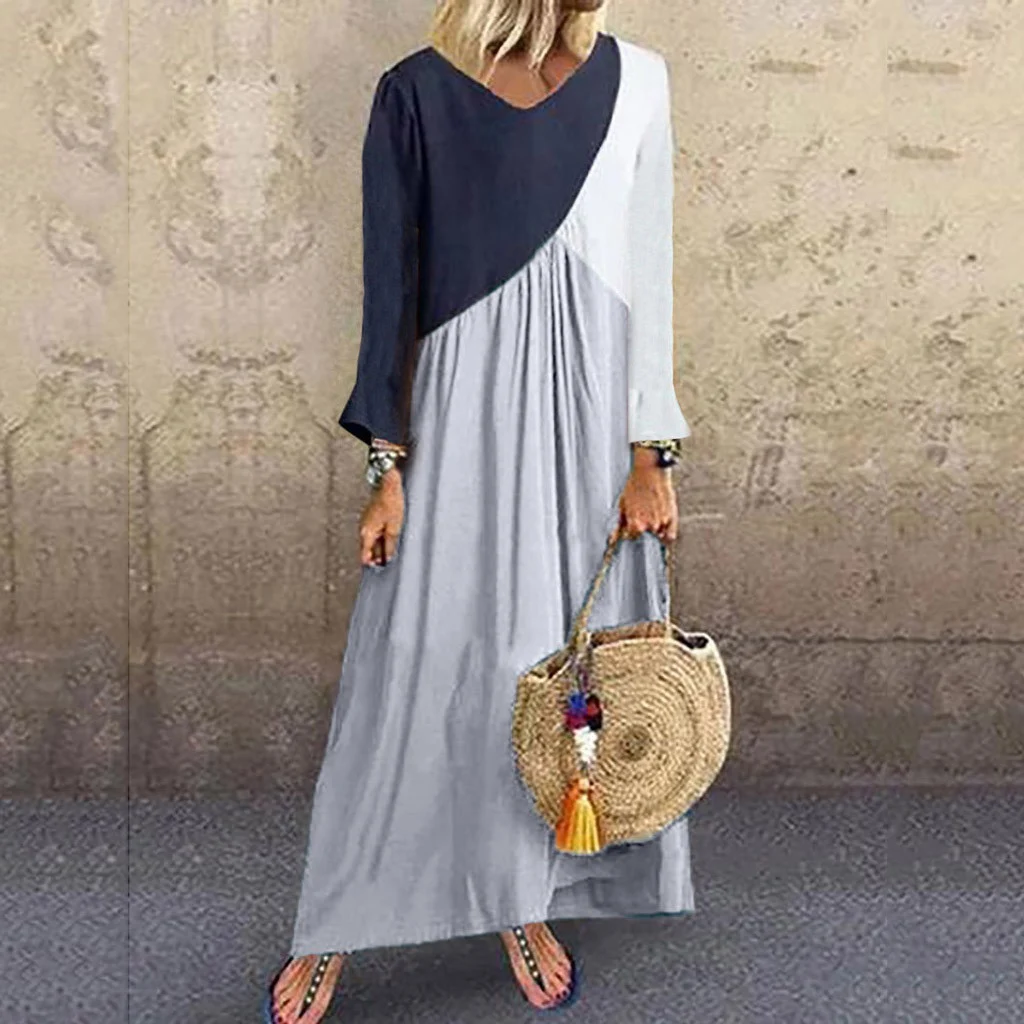 Boho Chic Plus Size Maxi Long Dress Women Casual Loose Color Block Dress Patchwork Short Sleeve Beach Summer Dresses Women - Цвет: 8012 gray