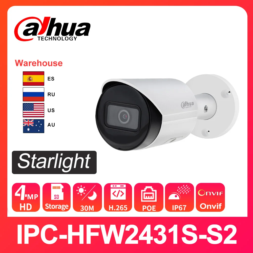 Dahua Original IP camera IPC-HFW2431S-S-S2 4MP PoE SD Card Slot H.265 IP67 IK10 Upgradeable Mini Bullet Camera Starlight IVS WDR