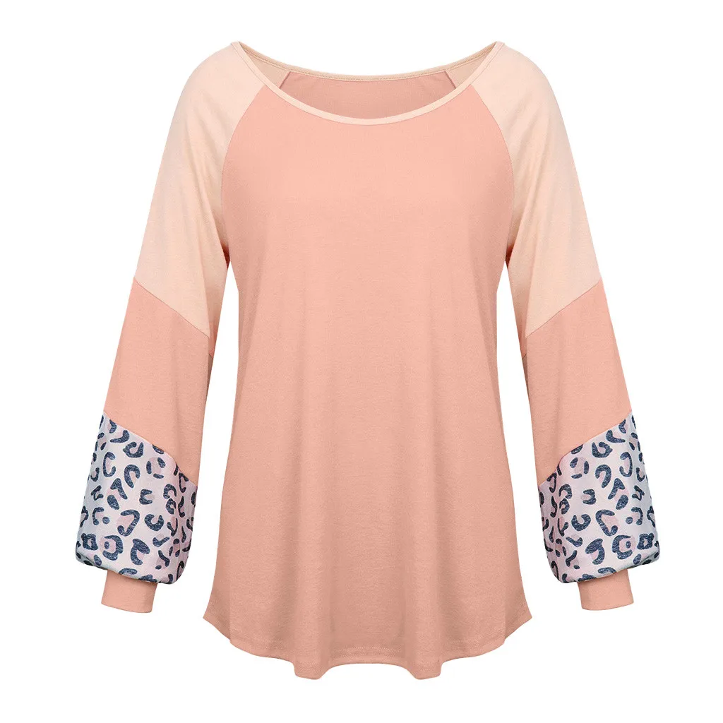 2019 ladies leopard solid color stitching long-sleeved shirt sweater 
