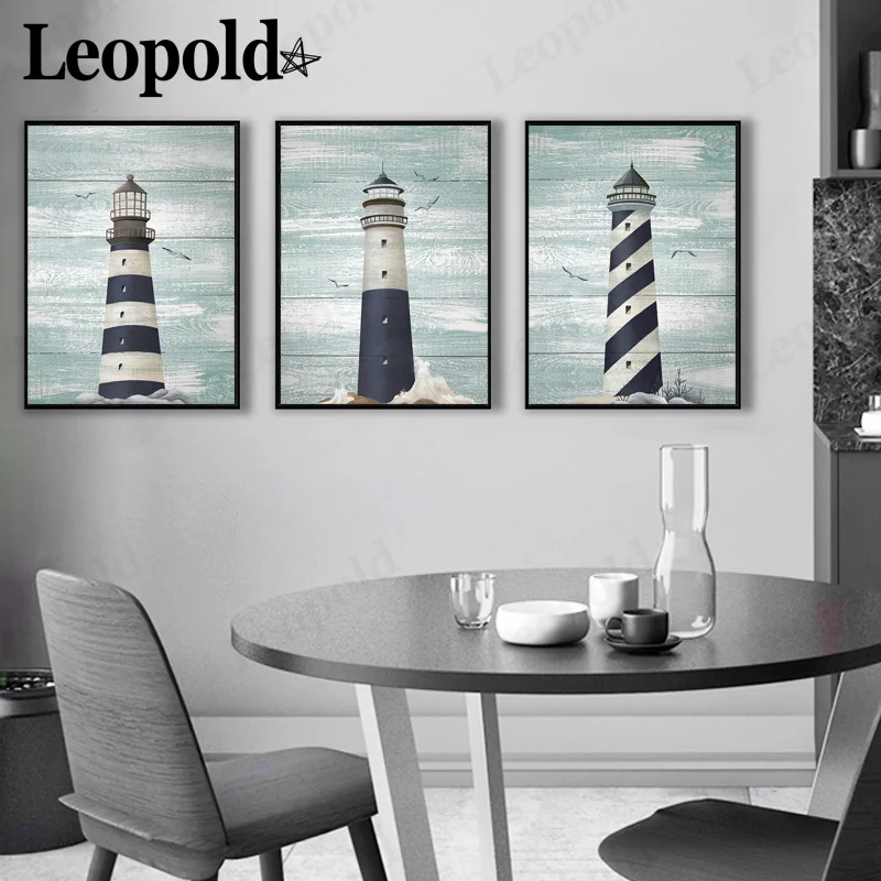 

Nordic Sailing Series Canvas Poster White and Blue Lighthouse Picture Print Home Decor Frameless Picture