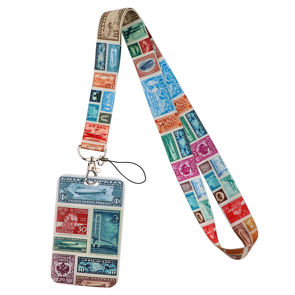 

Flyingbee X2463 Vintage American Stamp Personality ID Card Holder Bus Card Holder Staff Card Lanyard For Key Phone DIY Hang Rope