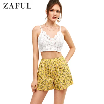 

ZAFUL Floral Print Lace Panel Cami Shorts Set