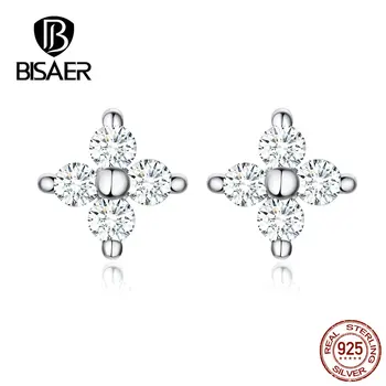 

BISAER 925 Sterling Silver Shining Cubic Zircon And Square Exquisite Stud Earrings for Women Wedding Engagement Jewelry ECE648