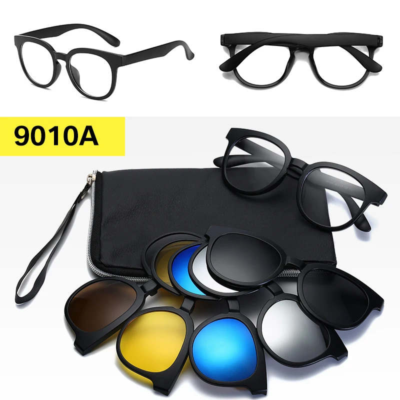 Длинные солнцезащитные очки 5 в 1, поляризованные зеркальные солнцезащитные очки на застежке, ретро очки, мужские зажимы TR90, оптические очки по рецепту, близорукость - Цвет линз: 9010