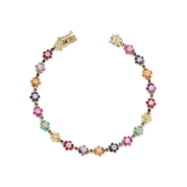 2023 Summer New Colorful Women Jewelry Multi Color CZ Station Link Chain  Dainty Flower Charm Bracelet