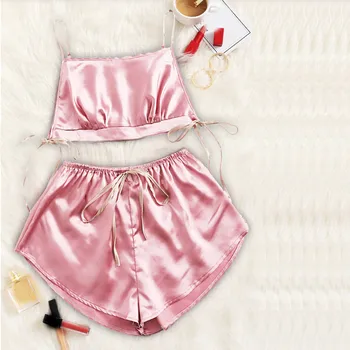 

Women Fashion Sexy Sleepwear Satin Solid Lingerie Bowknot Nightwear Pajamas Underwear Set Cami Top Feminina Homewear Pyjama 2020