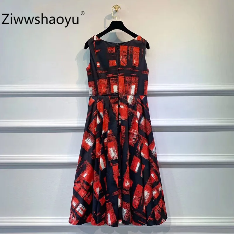 Ziwwshaoyu Red Printed Cotton Fashion Dress Women's Mesh Lining Designer Summer Sexy Party Knee-Length Dresses