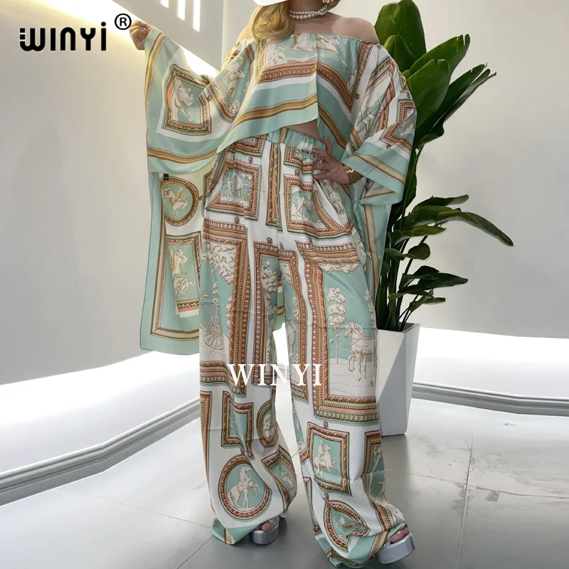 

2021 WINYI creative two-piece jacket and trousers summer printing oversized bat sleeves women's stretch twill silk floor length