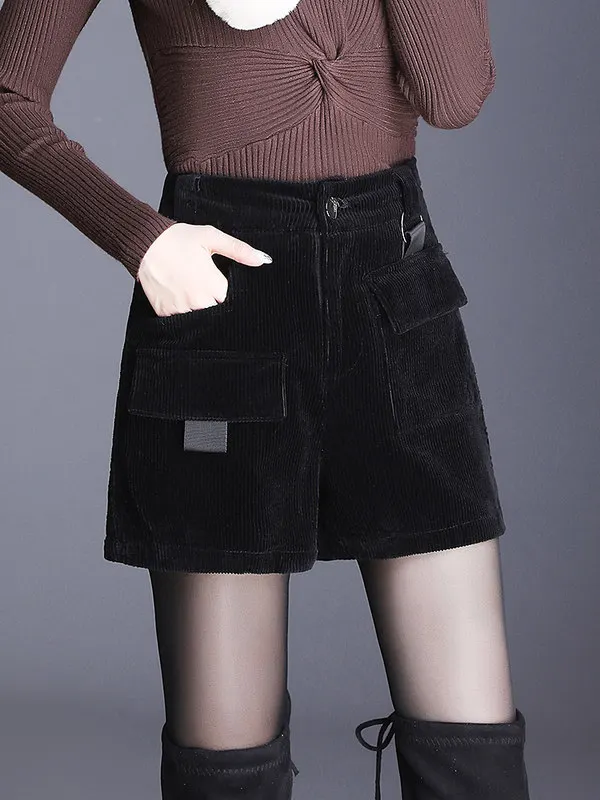 black shorts MUMUZI женские зимние шорты Cordurory модные повседневные уличные шорты Карго Feminino BF стиль хаки короткие Femme - Цвет: black shorts