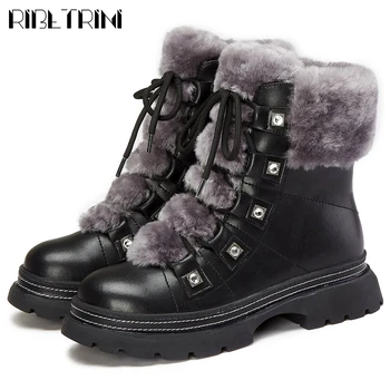 

RIBETRINI Brand New Chic Rabbit Fur Skidproof Rubber Sole Shoelaces Split Leather Snow Booties Russia Winter Shoes Boots Women