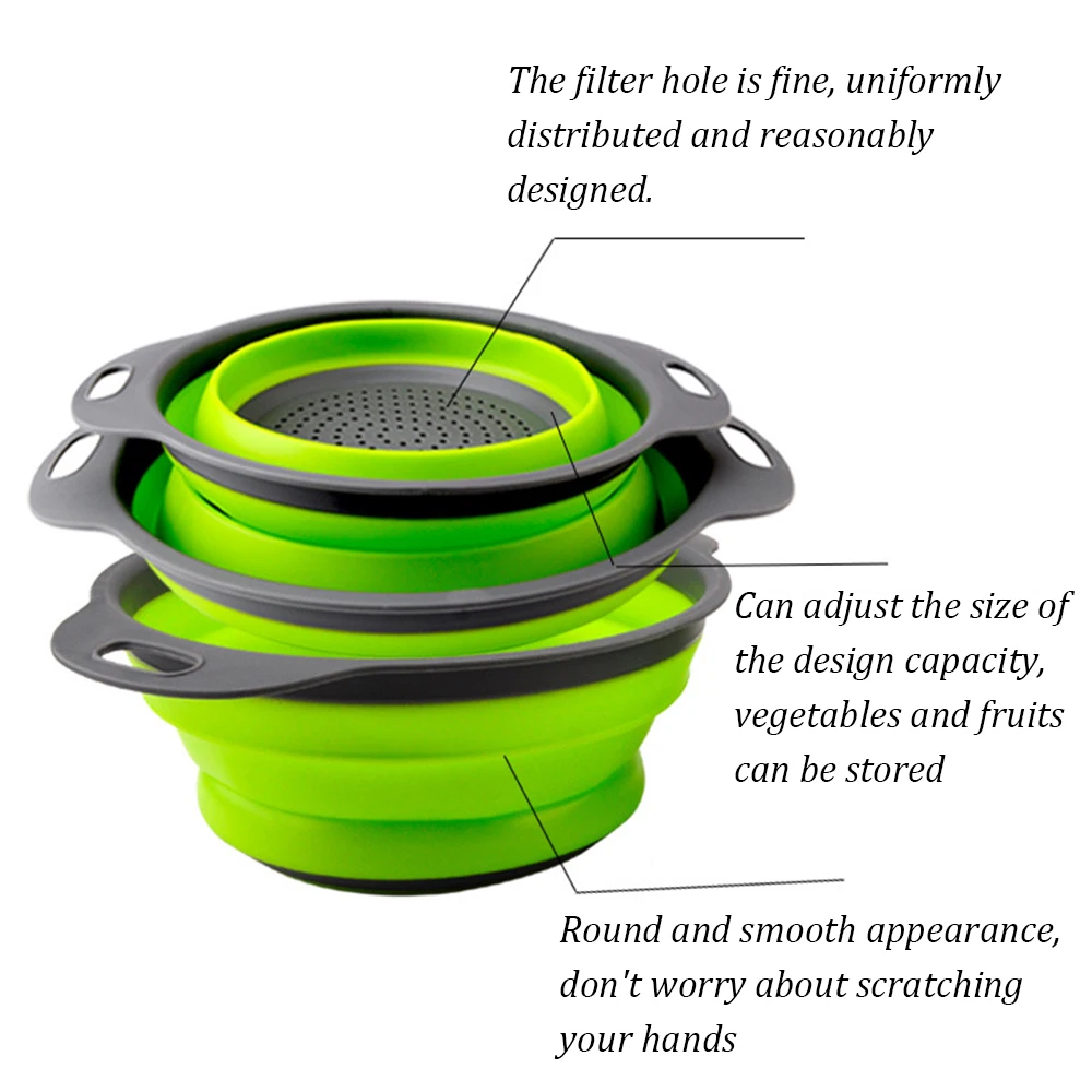 1Pc Foldable Silicone Colander Fruit Vegetable Washing Basket Strainer Collapsible Drainer With Handle Gadgets For Kitchen Tools