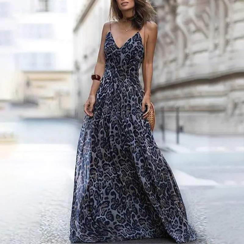 

Summer Dress Strap Sling Sleeveless V-neck Leopard Print Chiffon Long Evening Party Dresses Ropa Mujer Vestidos De Fiesta