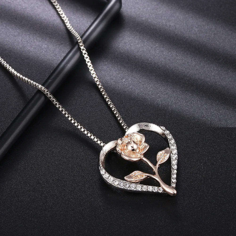 Love Heart Gold Rose Pendant Necklace 