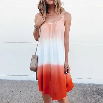 

Summer Elegant V-neck Loose Dress Casual Women Gradient Print Beach Sundress Sexy Sleeveless Female Party Dress Vestidos#W3