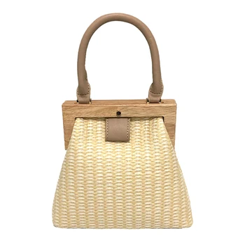 

Retro Straw Bag Wooden Clip Women Shoulder Bag Summer Travel Beach Bag Luxury Handbags Women Bags Designer Lady Handbag