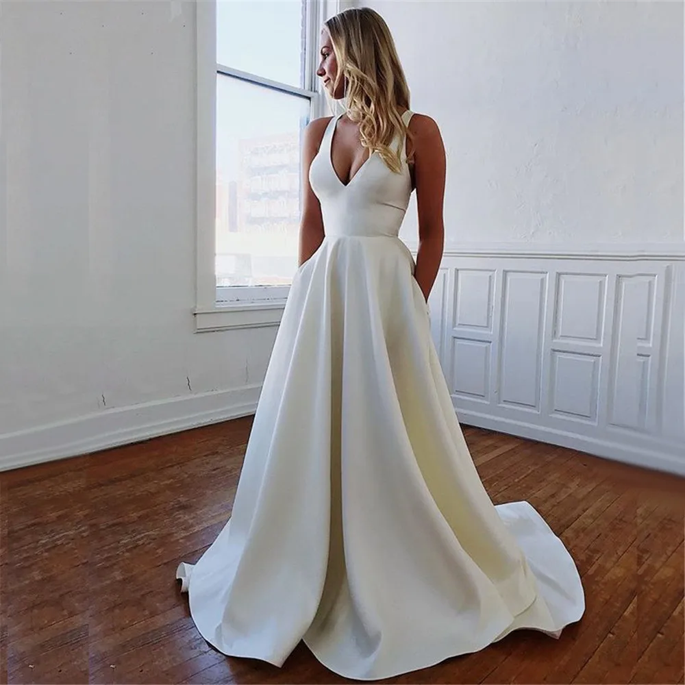 

A-line Satin Prom Party Dresses with Pockets V Neck vestido de formatura Formal Gowns Evening Dress Open Bowknot Back
