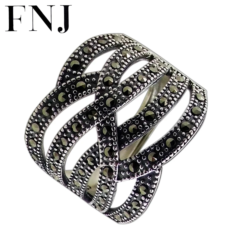 

FNJ MARCASITE Rings 925 Silver Adjustable Size Open Popular S925 Solid Silver Ring for Women Jewelry Fine Statement