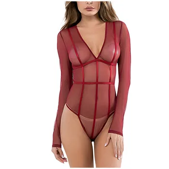 

Women Sexy Lingerie Mesh Transparent Long Sleeve Deep V Splicing Hip Lifting Sexy Costumes Babydoll Lace Bodysuit Underwear