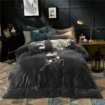 

4pcs Crystal Flannel Elk Bedding set Winter Warm Fleece Towel embroidery Duvet cover set Bed Sheet Queen King size bed linen