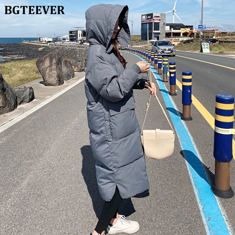 BGTEEVER, модный, уплотненный, длинный пуховик, Женская парка, негабаритное, теплое пальто, женское, зимнее пальто, худи, женская, стеганая верхняя одежда - Цвет: gray