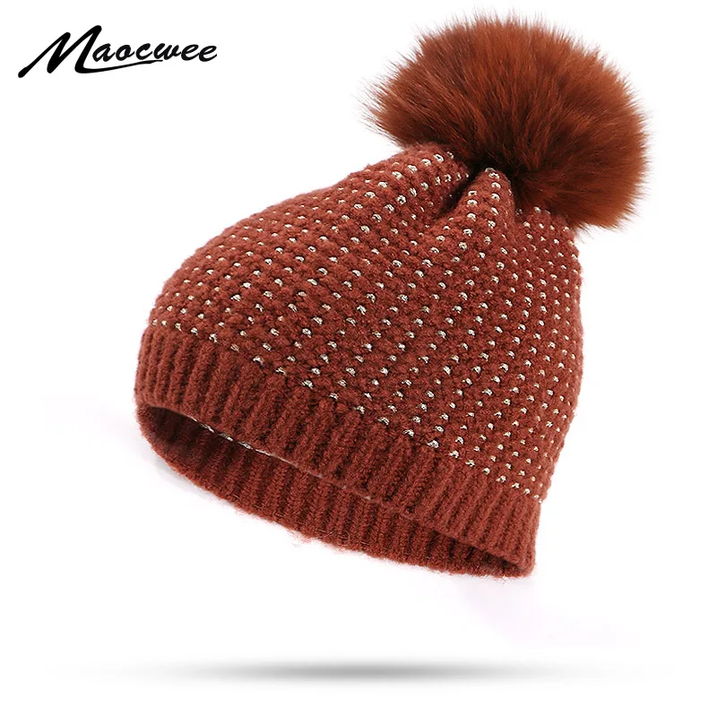 Skullies зимняя шапка Роскошное Качество помпон из лисьего меха шапки Золотая