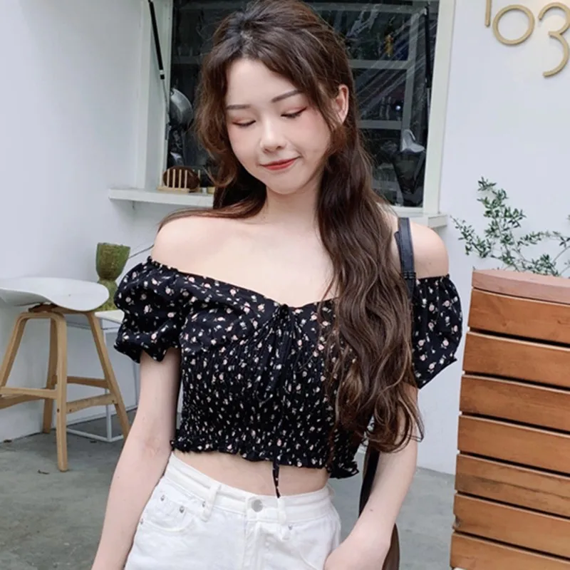 

Summer Fashion Print V N eck Sweet Exposed Navel Short Shirt Women Chiffon Blouse Tops