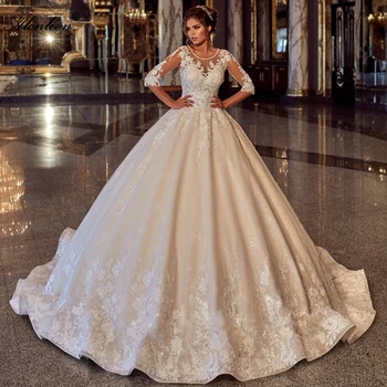 Alonlivn Abito da sposa delicato e brillante con perline, scollo a O, mezze maniche, gonna da sposa gonfia con lacci