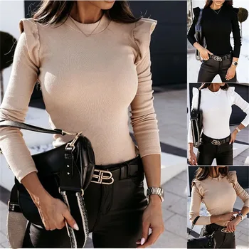 

European and American Fashion Online Celebrity Long-sleeved Sweater Slim Feifei Sleeve Top Bottoming Round Collar Women's 2020