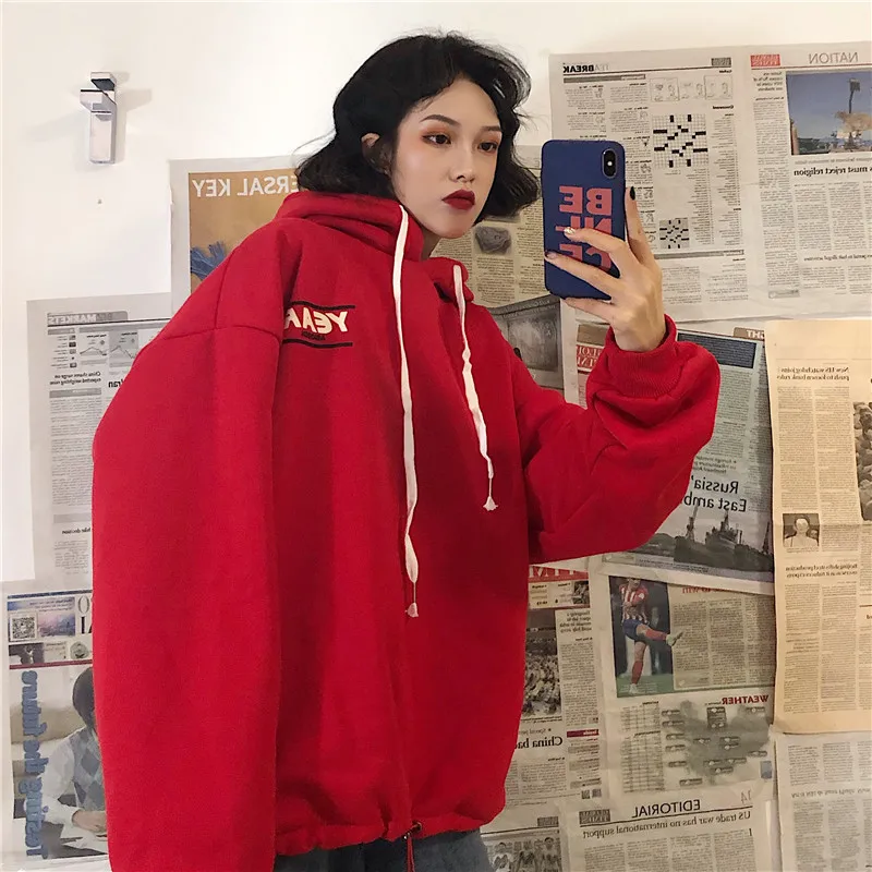 Толстовки с буквенным принтом, Женская Толстовка Harajuku, одежда, пуловер с капюшоном, Корея размера плюс, хлопок, Повседневная Уличная одежда, топ на шнуровке W050