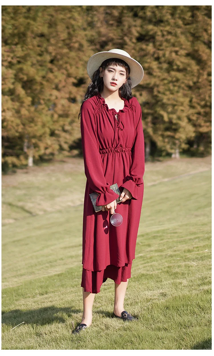 Японский стиль Mori Girl; Винтажный стиль; красное платье; сезон весна-осень; Женские однотонные длинные платья с круглым вырезом и длинными рукавами