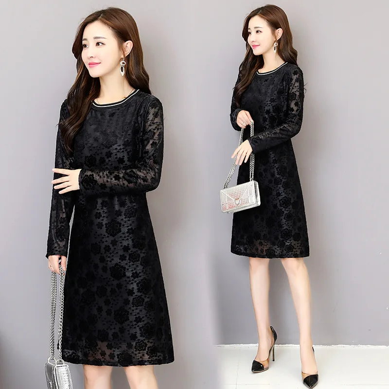 

Photo Shoot 2019 Spring Large Size Dress Long Sleeve Autumn And Winter New Style Lace Base Mid-length Dress