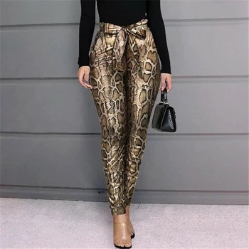 

Sexy Women Pants Fashion PU Leather Pants High Waist Push Up Workout Stretch Leggings Belt Trousers Snakeskin Womens Trousers