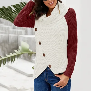 

Women High Collar Asymmetric Wrap-over Sweater with Buttons Soft and Lightweight Long-sleeved Sweater New Arrivals 2020