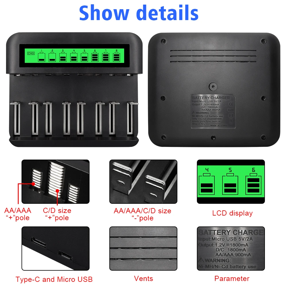 Carregador de Bateria Recarregável Inteligente, Display LCD,