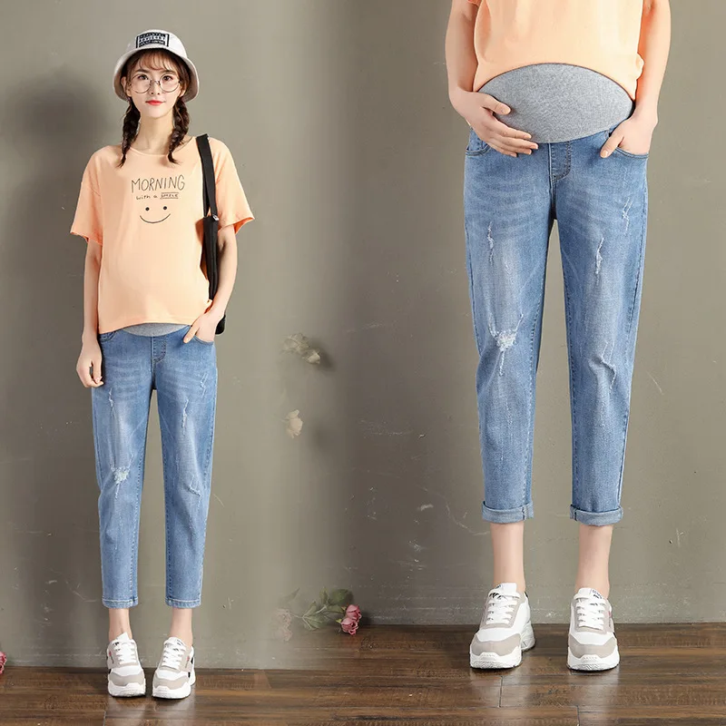 

Elasticity Harem Pants Maternity Jeans 2020 Spring Summer Thin Section Capri Pants Sub-Outer Wear with Holes Maternity Pants Sum
