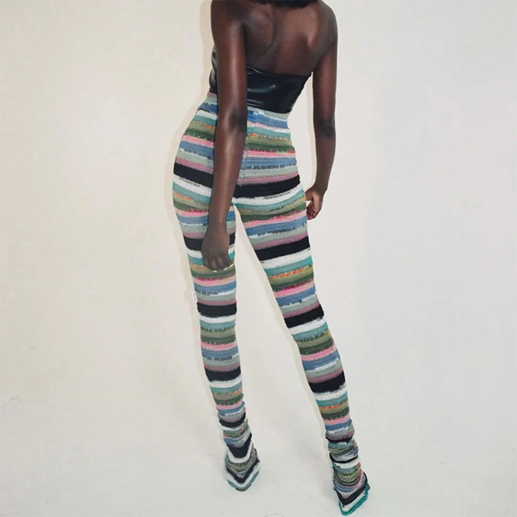 

Women High Waist Knitted Long Pants Multicolor Striped Hipster Skinny Pleated Stacked Trousers Vintage Bell Bottom Crochet Drop