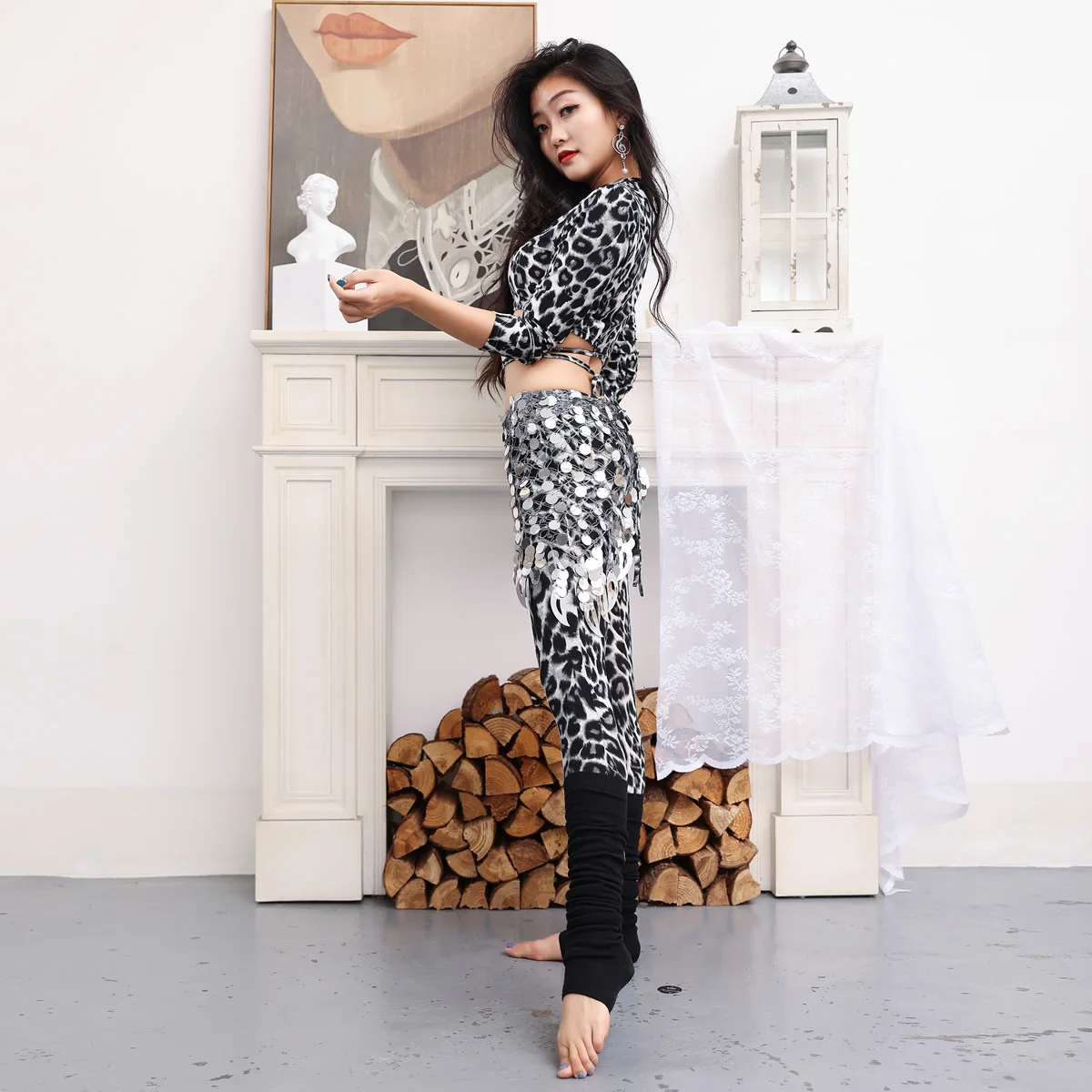 Sexy Belly Dance Practice Clothes Women Neopard Long Sleeve