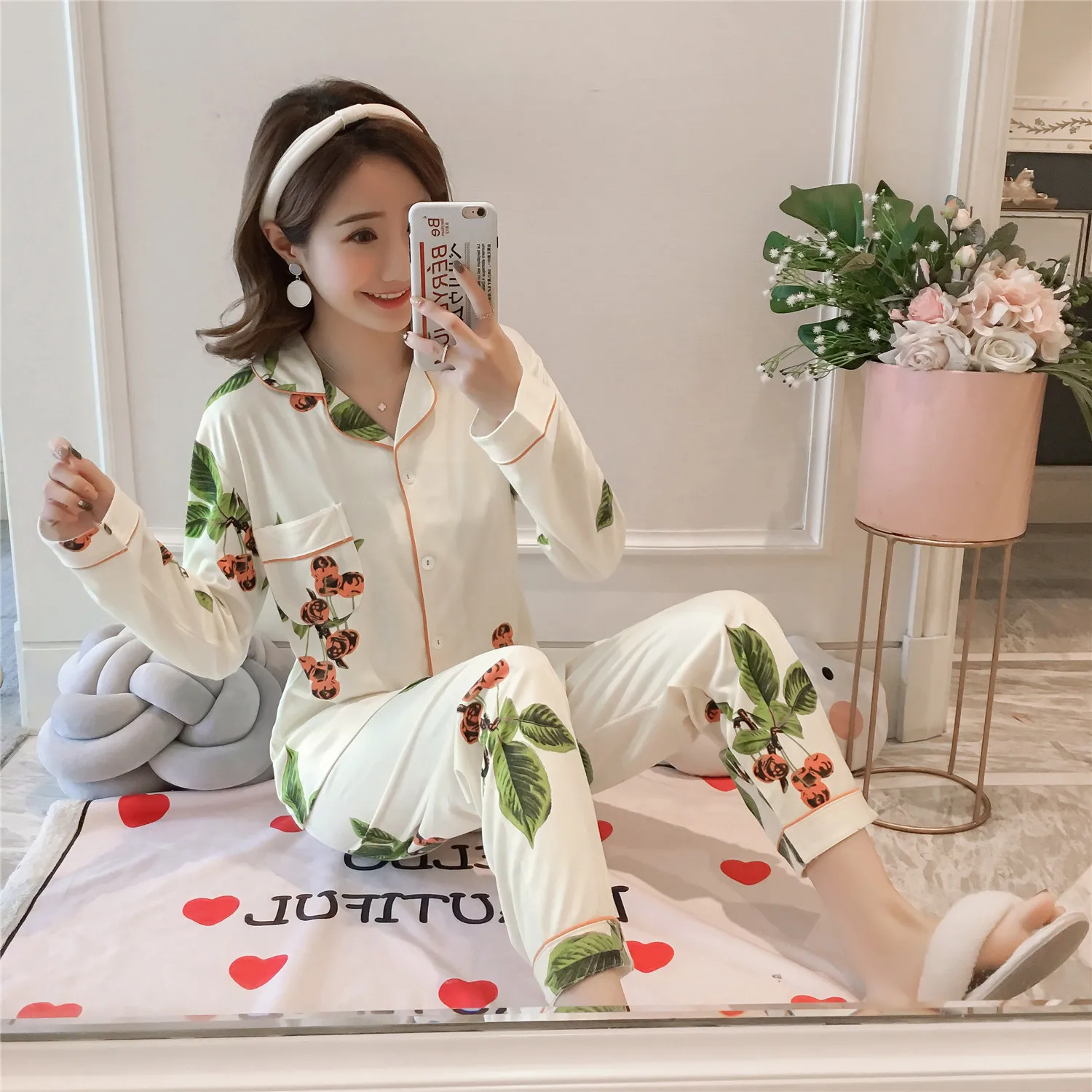 

2704 # Cherry Green Leaf lje Cardigan Long Sleeve Pajamas Homewear Set Series