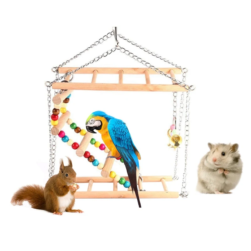 

Parrots Bird Swing Toy Bird Exercise Climbing Hanging Ladder Bridge Wooden Rainbow Pet Parrot Macaw Hammock Bird Toy With Bells