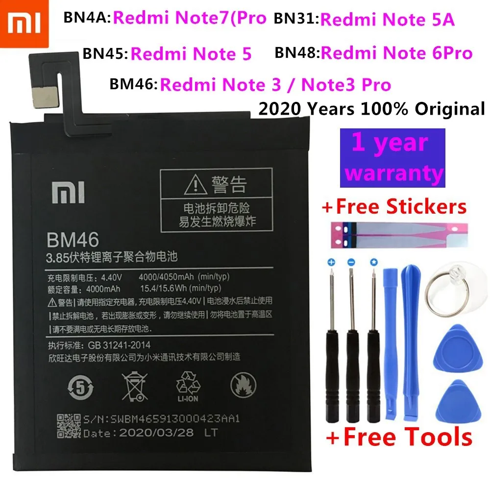 Оригинальный аккумулятор для телефона Xiaomi BM46 Redmi Note 3 5 5A 7 Pro 6 BN45 BN31 BN48 BN4A запасные