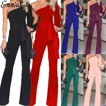

Womens One Shoulder Bandage Bodysuit Jumpsuit Romper Long Trousers Fashion Casual Sexy Slim High Waist Evening Party Bodysuits