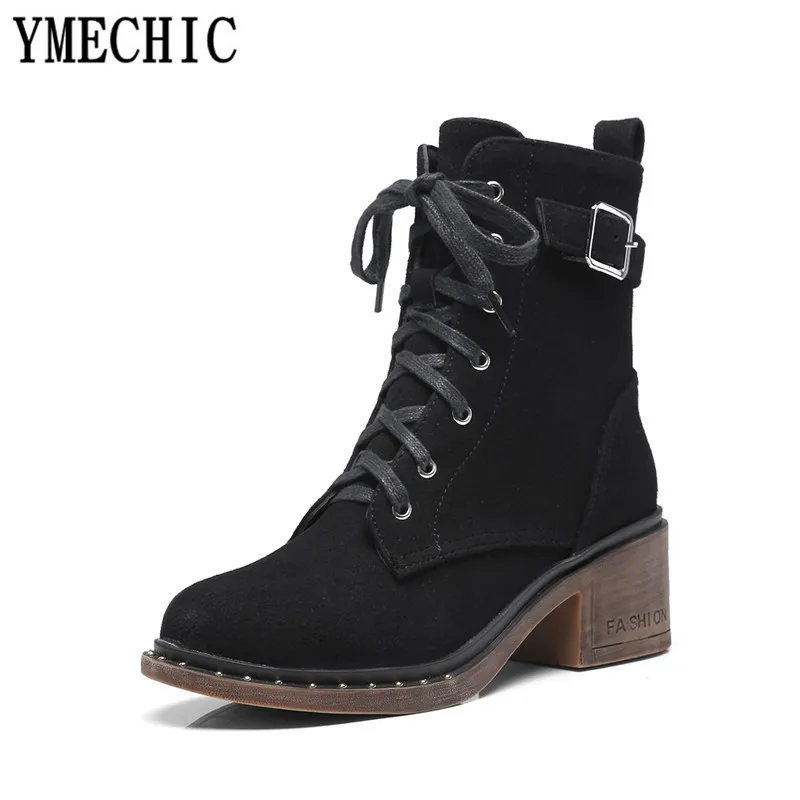 Ботильоны YMECHIC коричневые зеленые черные на шнуровке высоком блочном каблуке