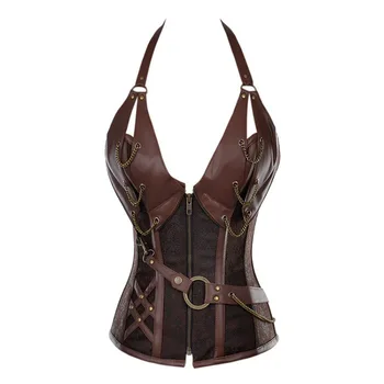 

Court suit black Brown 14 steel punk leather corset with belt neck plastic dress