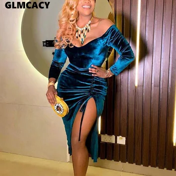 

Women Fall Winter Mini Dress Solid V Neck Lantern Sleeve Sexy Club Night Party Bandage Velvet Dresses