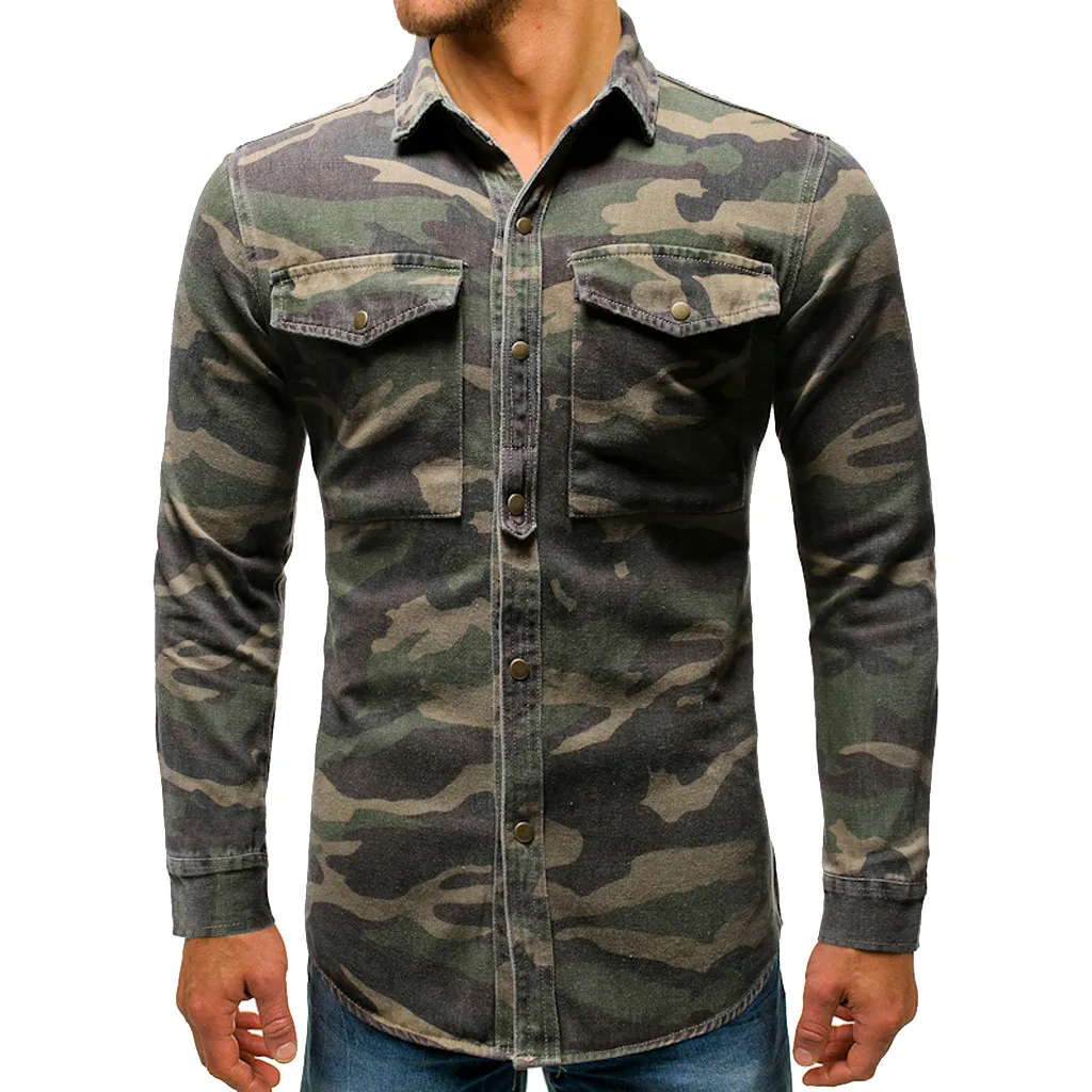 2019 Autumn&Winter Men Casual Camouflage Button Up Denim Cargo Shirt With Pocket Turn Down Collar T