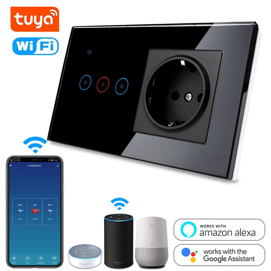 Tuya 16a Smart Wall Outlet Combo, Smart Wifi Light Switch, Smart Life App  Remore Control Wifi Socket