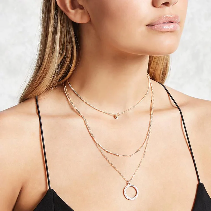 Personality Crystal Pendant Multi-layer Necklace Round Circle Bead Clavicle Chain Necklaces for Women Fashion Neck Jewelry XL081 | Украшения