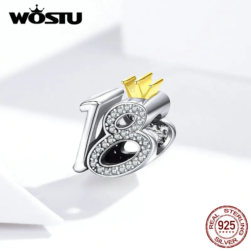WOSTU 925 Sterling Silver 18-year-old Birthday Bead Charms Fit Original Bracelet Necklace Adult Ceremony Jewelry Gift BNC131
